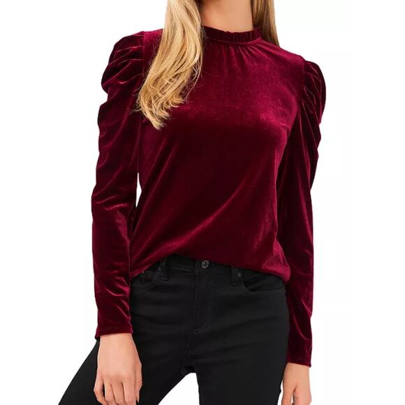 CeCe Velvet Ruffle Trim Puff Sleeve Shirt Womens Size Medium Wine Burgundy - Picture 1 of 8